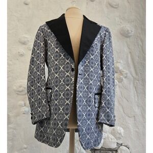 Blue Geometric Medallion Print Blazer Black Peak Lapel Dinner Jacket Mens Size L